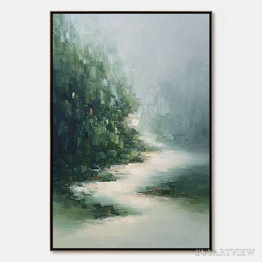 BUYARTVIEW Verdant Whisper – Textured Wabi Sabi Forest & River Landscape Painting - image 1