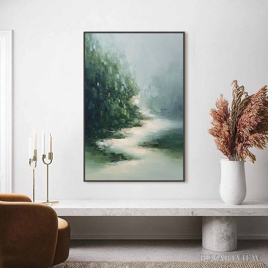 BUYARTVIEW Verdant Whisper – Textured Wabi Sabi Forest & River Landscape Painting - image 2
