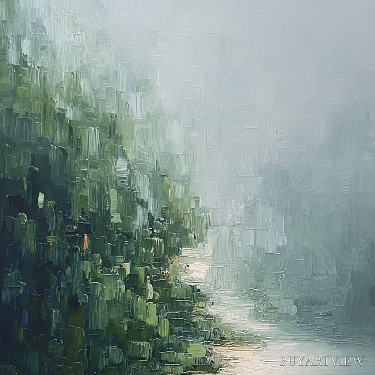 BUYARTVIEW Verdant Whisper – Textured Wabi Sabi Forest & River Landscape Painting - image 3