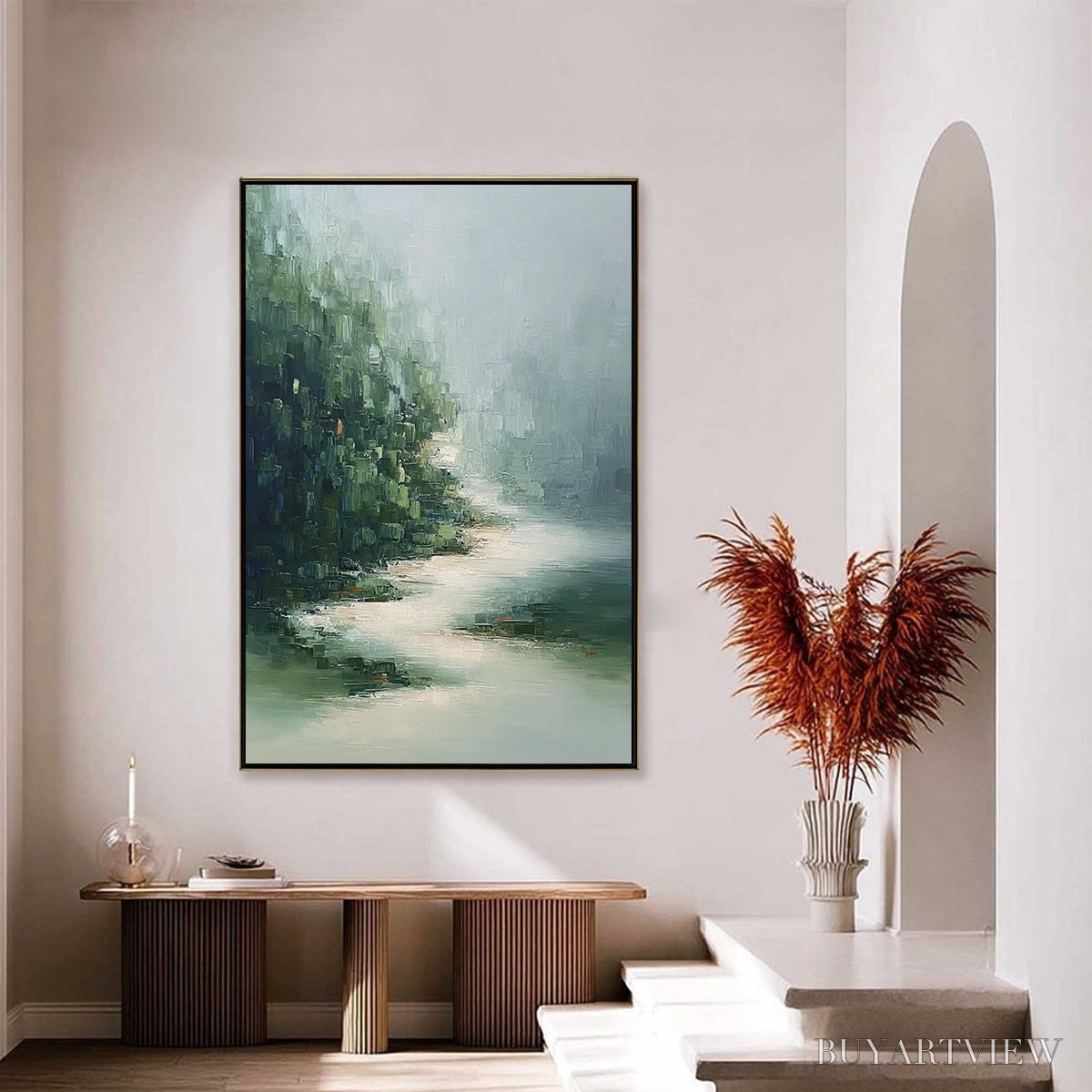 BUYARTVIEW Verdant Whisper – Textured Wabi Sabi Forest & River Landscape Painting - image 4
