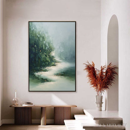 BUYARTVIEW Verdant Whisper – Textured Wabi Sabi Forest & River Landscape Painting - image 4