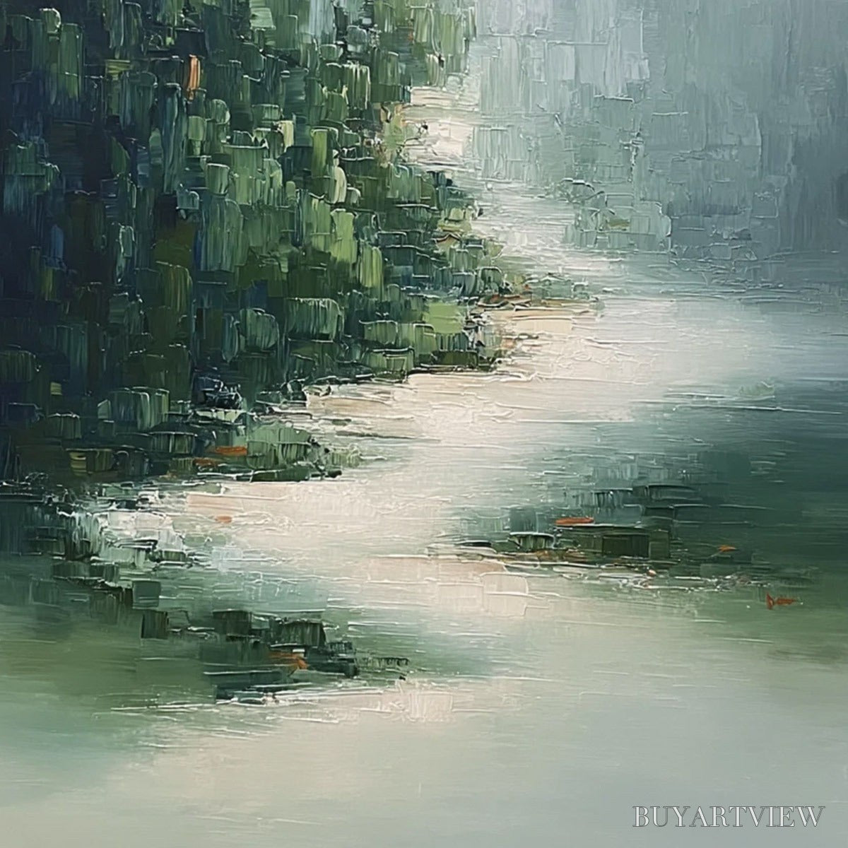 BUYARTVIEW Verdant Whisper – Textured Wabi Sabi Forest & River Landscape Painting - image 5
