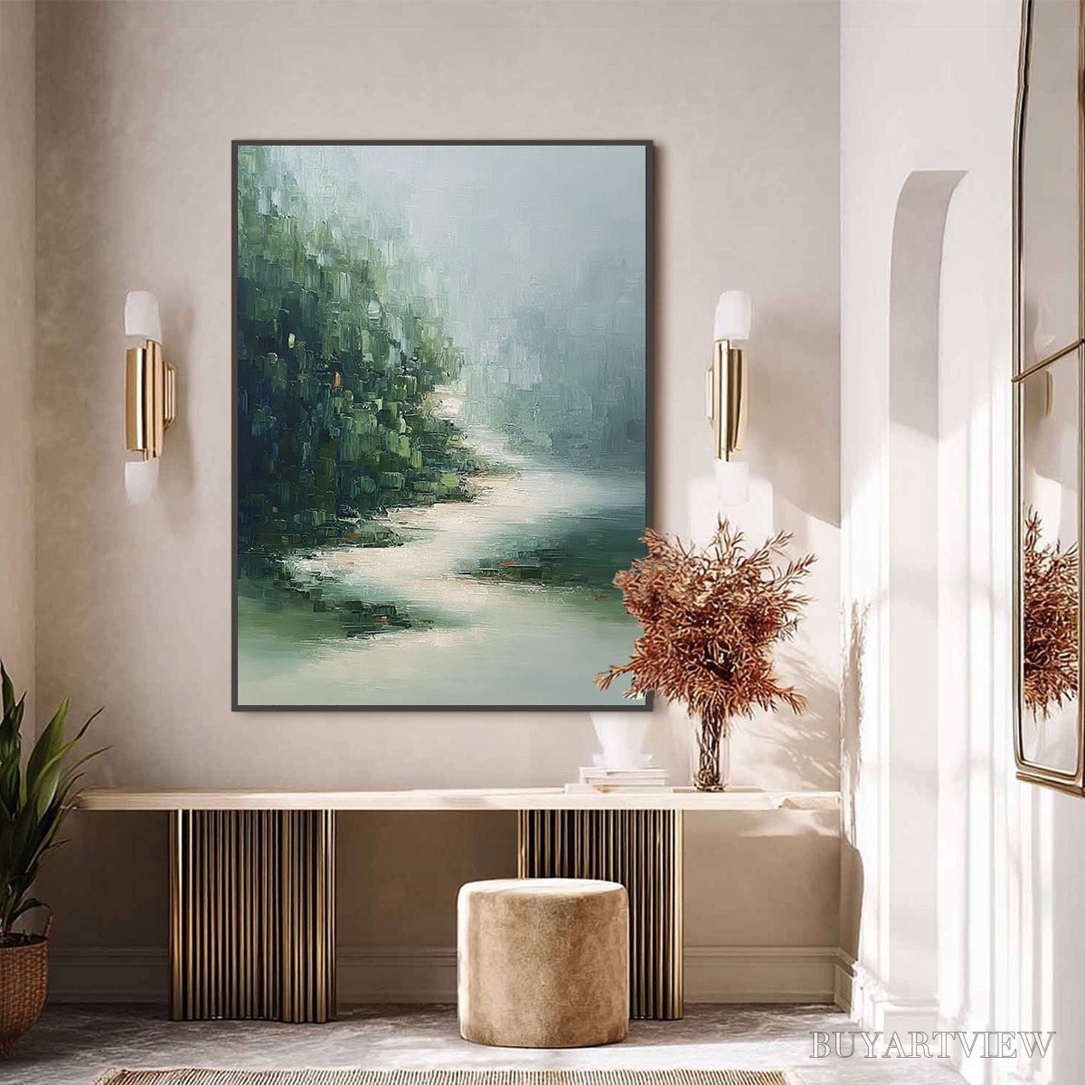 BUYARTVIEW Verdant Whisper – Textured Wabi Sabi Forest & River Landscape Painting - image 6