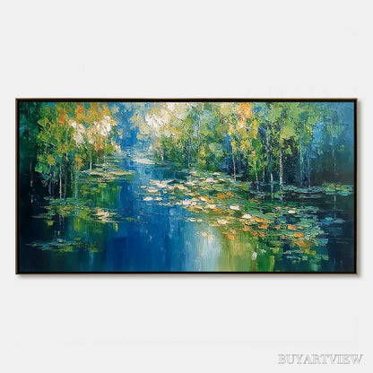 BUYARTVIEW Verdant Sanctuary – Textured Palette Knife Forest Pond Landscape Painting - image 1
