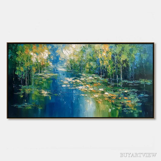 BUYARTVIEW Verdant Sanctuary – Textured Palette Knife Forest Pond Landscape Painting - image 1