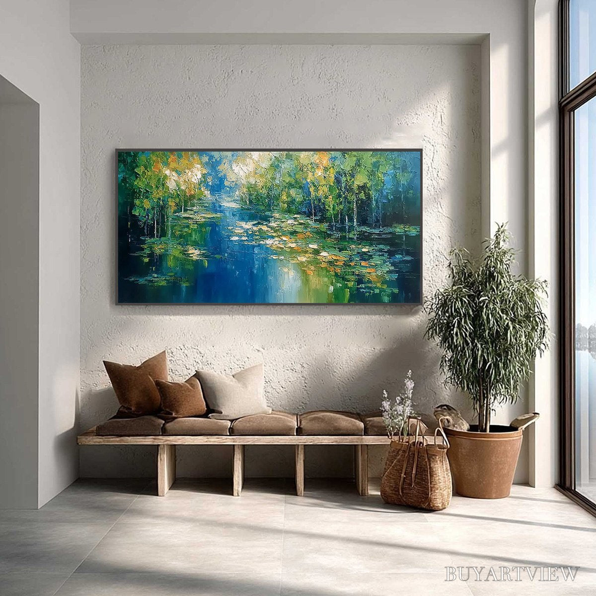 BUYARTVIEW Verdant Sanctuary – Textured Palette Knife Forest Pond Landscape Painting - image 2