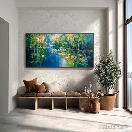 BUYARTVIEW Verdant Sanctuary – Textured Palette Knife Forest Pond Landscape Painting - image 2