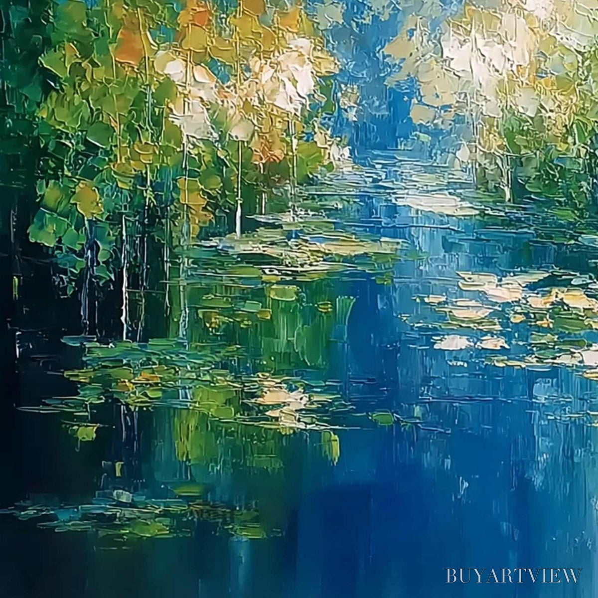 BUYARTVIEW Verdant Sanctuary – Textured Palette Knife Forest Pond Landscape Painting - image 3