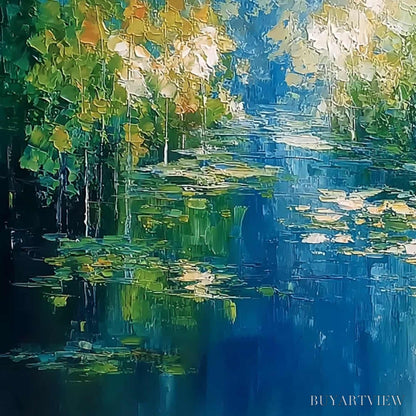 BUYARTVIEW Verdant Sanctuary – Textured Palette Knife Forest Pond Landscape Painting - image 3