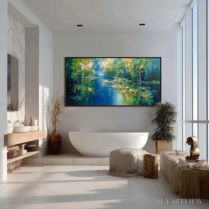 BUYARTVIEW Verdant Sanctuary – Textured Palette Knife Forest Pond Landscape Painting - image 4