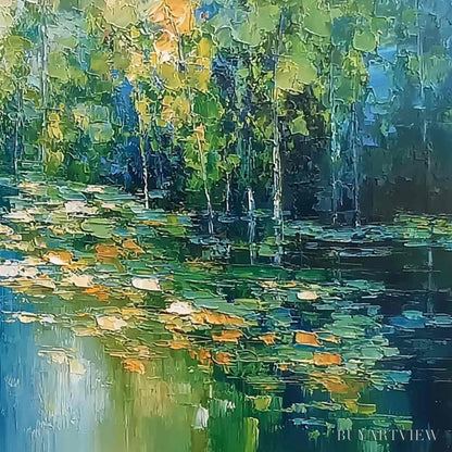 BUYARTVIEW Verdant Sanctuary – Textured Palette Knife Forest Pond Landscape Painting - image 5
