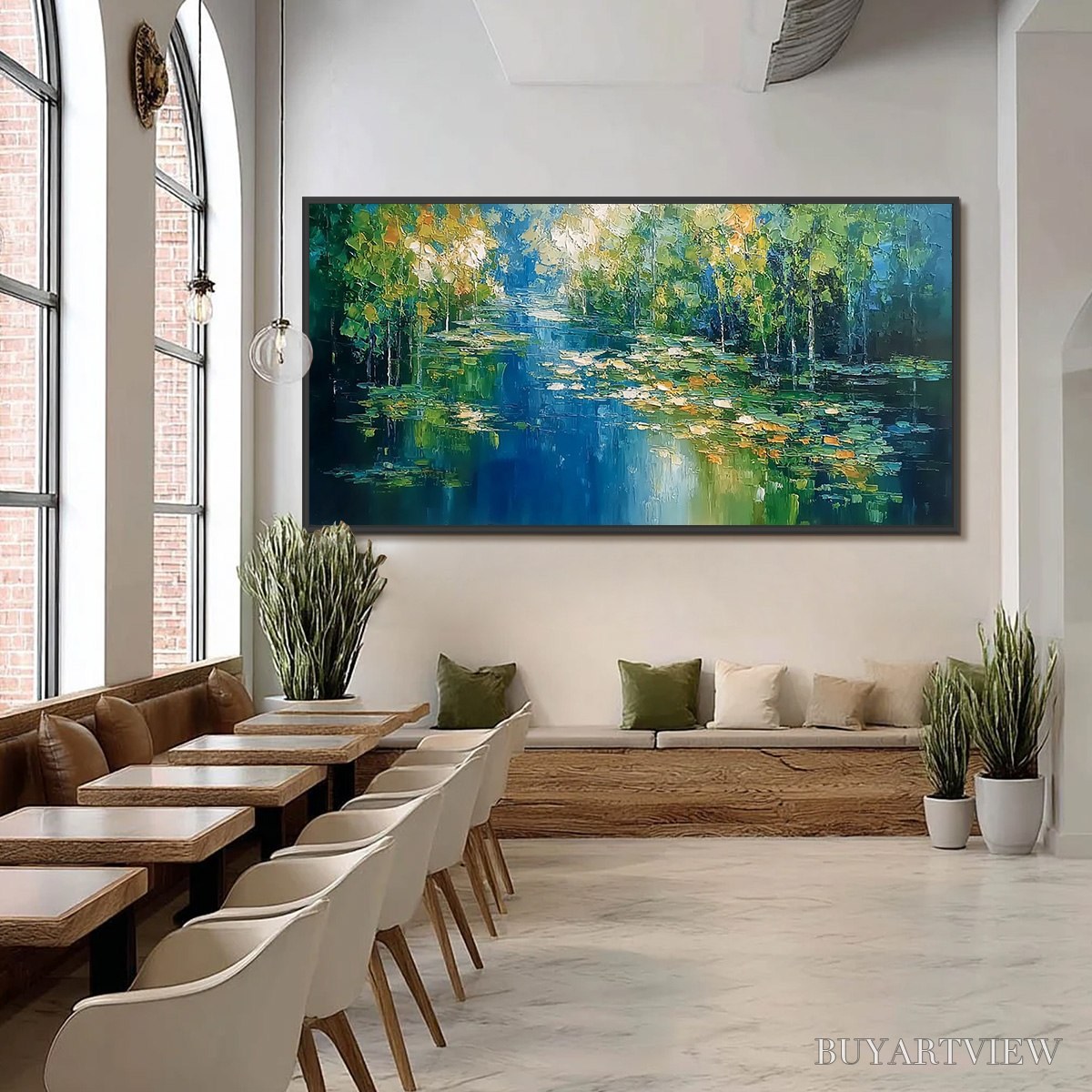 BUYARTVIEW Verdant Sanctuary – Textured Palette Knife Forest Pond Landscape Painting - image 6