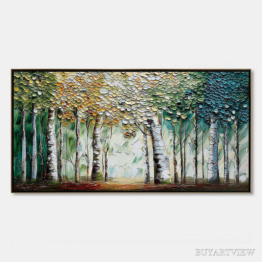 BUYARTVIEW Chroma Grove – Panoramic Textured Impasto Birch Tree Forest Painting - image 1