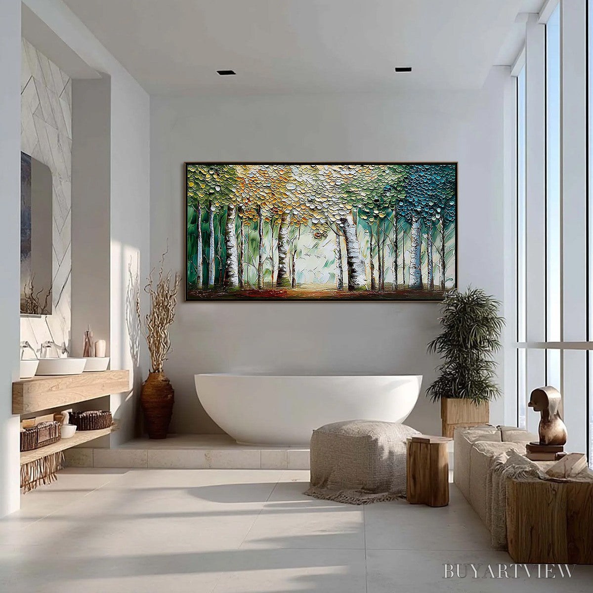 BUYARTVIEW Chroma Grove – Panoramic Textured Impasto Birch Tree Forest Painting - image 4