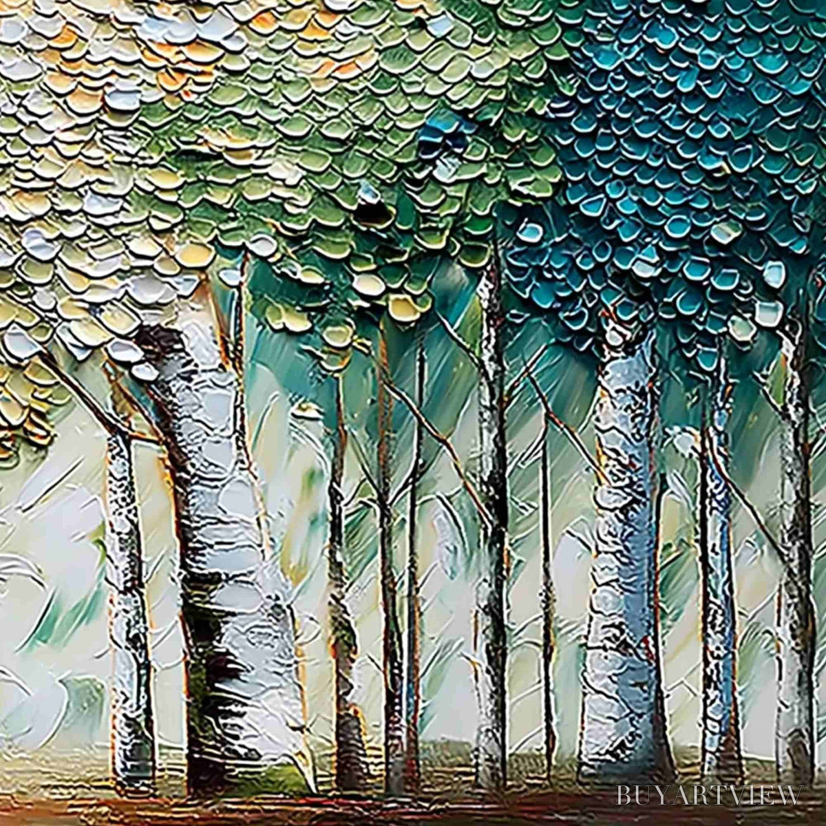 BUYARTVIEW Chroma Grove – Panoramic Textured Impasto Birch Tree Forest Painting - image 5