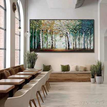 BUYARTVIEW Chroma Grove – Panoramic Textured Impasto Birch Tree Forest Painting - image 6