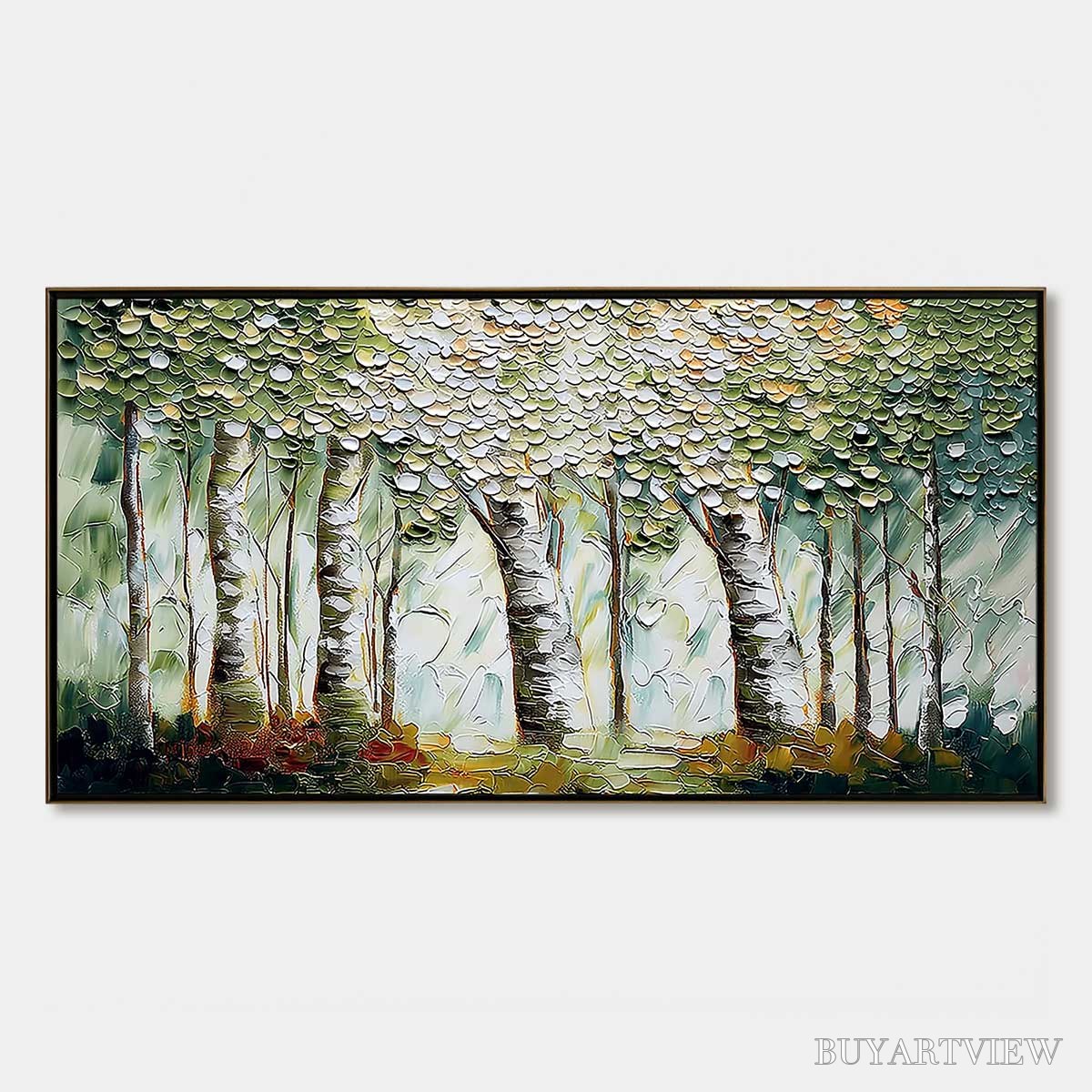 BUYARTVIEW Verdant Sanctuary – Textured Impasto Birch Tree Forest - image 1