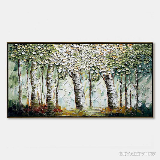 BUYARTVIEW Verdant Sanctuary – Textured Impasto Birch Tree Forest - image 1