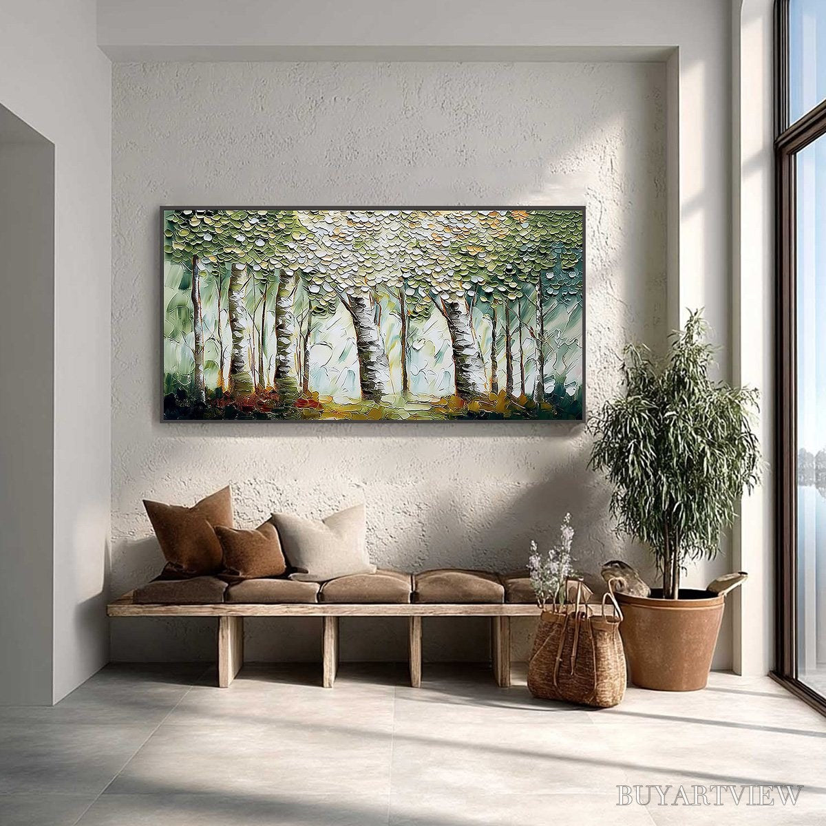 BUYARTVIEW Verdant Sanctuary – Textured Impasto Birch Tree Forest - image 2