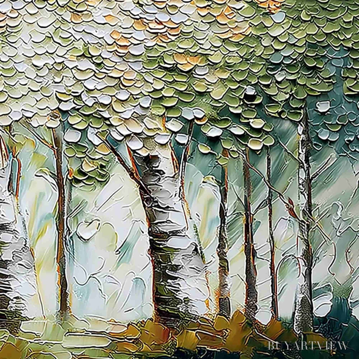 BUYARTVIEW Verdant Sanctuary – Textured Impasto Birch Tree Forest - image 5