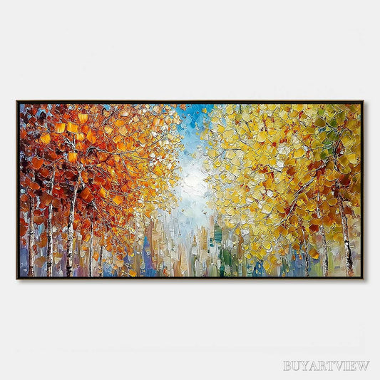 BUYARTVIEW Sunlit Stroll – Textured Palette Knife Autumn Forest Landscape Painting - image 1