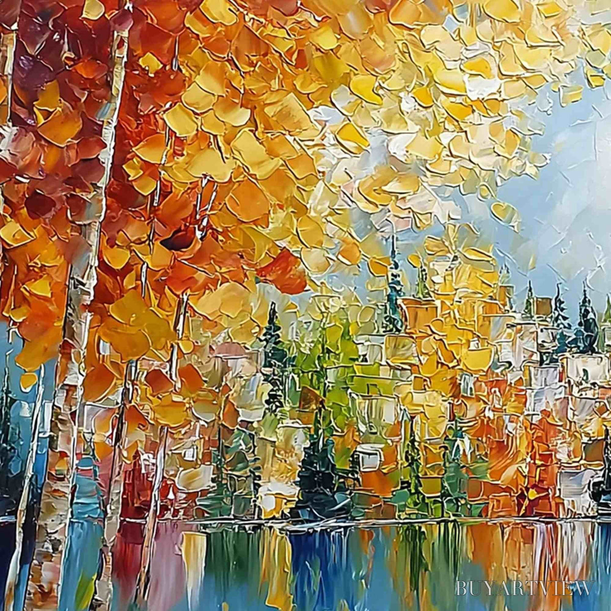BUYARTVIEW Emberglow Forest – Textured Palette Knife Autumn Forest Landscape Painting - image 5