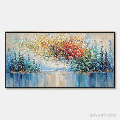 BUYARTVIEW Vibrant Reflections – Colorful Textured Impasto Forest and Lake Painting - image 1