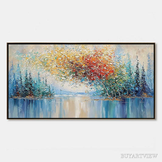BUYARTVIEW Vibrant Reflections – Colorful Textured Impasto Forest and Lake Painting - image 1