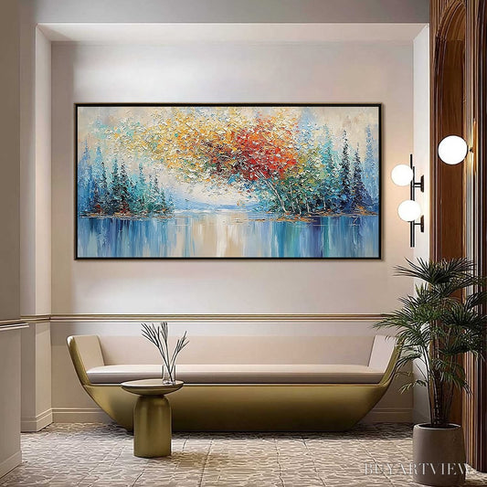 BUYARTVIEW Vibrant Reflections – Colorful Textured Impasto Forest and Lake Painting - image 2