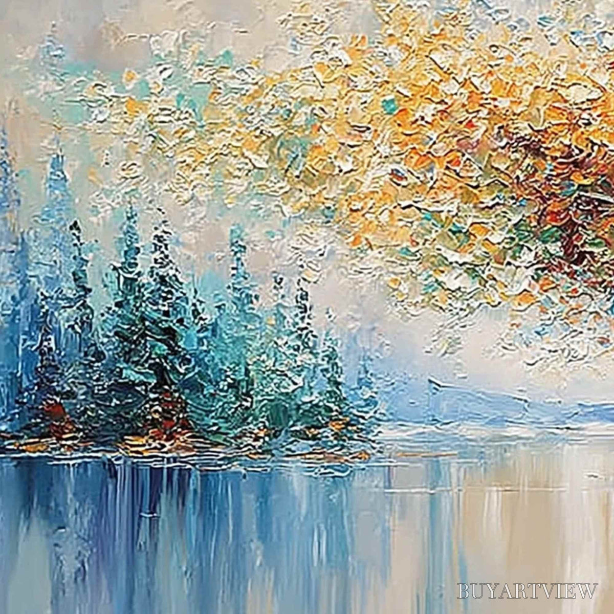 BUYARTVIEW Vibrant Reflections – Colorful Textured Impasto Forest and Lake Painting - image 3