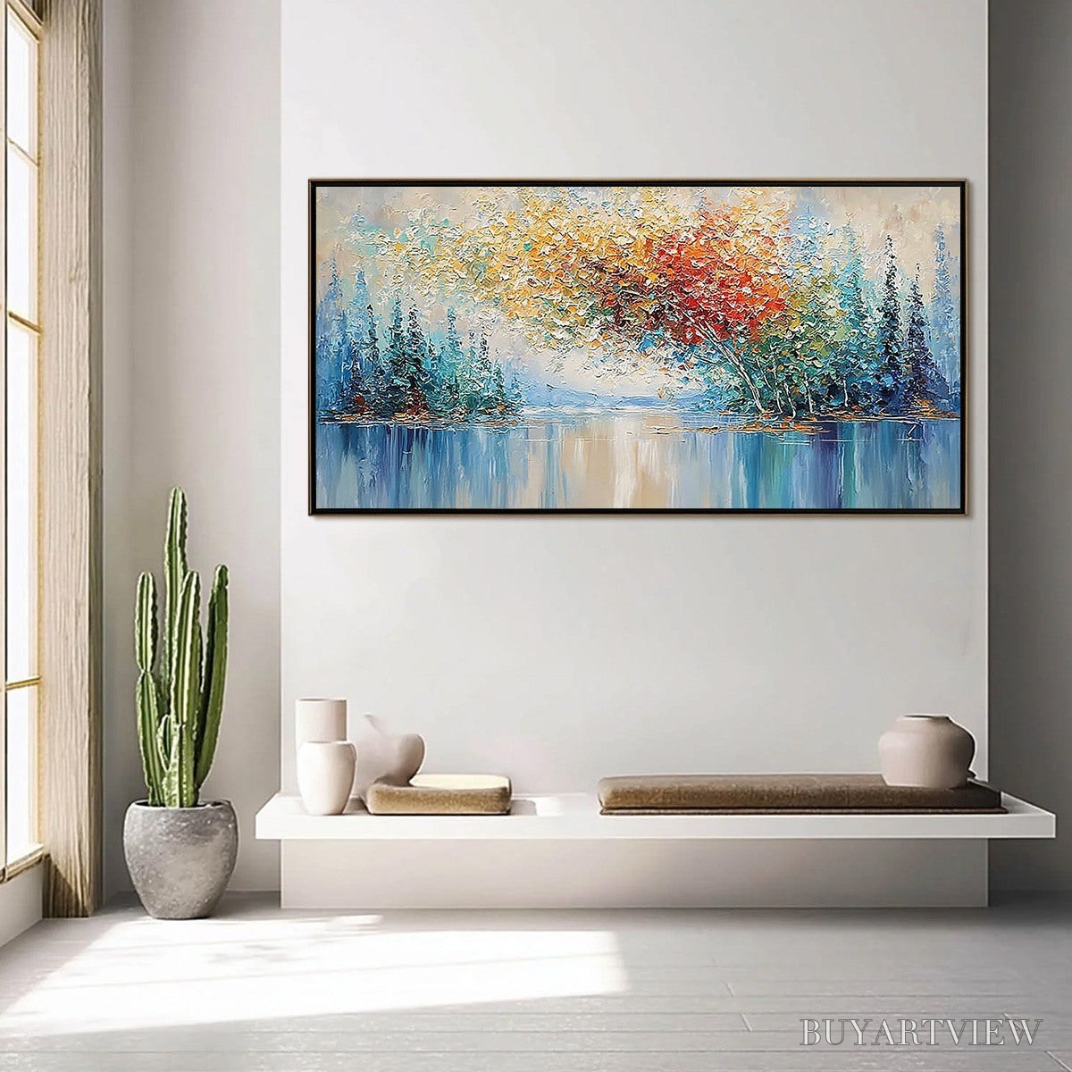 BUYARTVIEW Vibrant Reflections – Colorful Textured Impasto Forest and Lake Painting - image 4