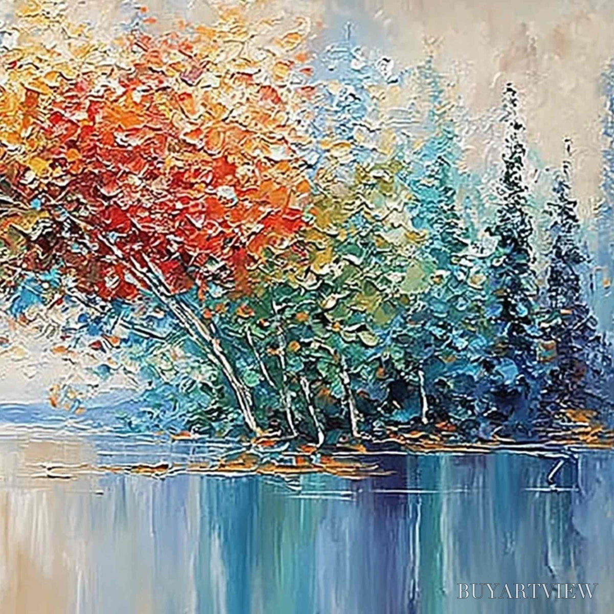 BUYARTVIEW Vibrant Reflections – Colorful Textured Impasto Forest and Lake Painting - image 5