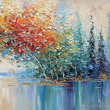 BUYARTVIEW Vibrant Reflections – Colorful Textured Impasto Forest and Lake Painting - image 5