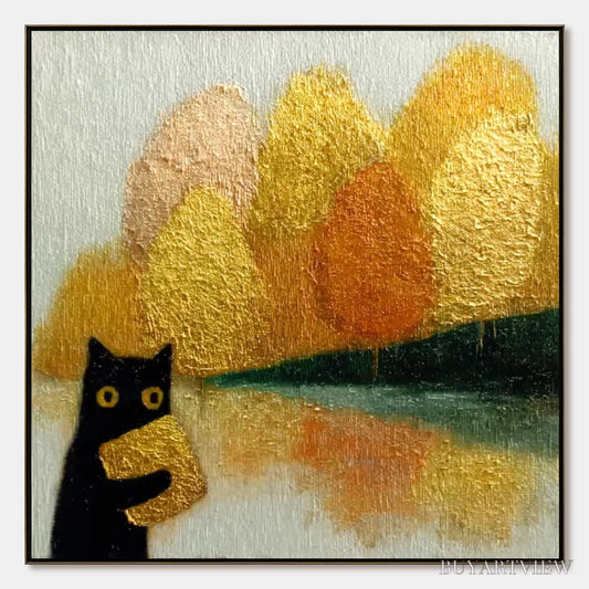 BUYARTVIEW Autumn'S Treasure – Whimsical Textured Gold Leaf Cat Painting - image 1