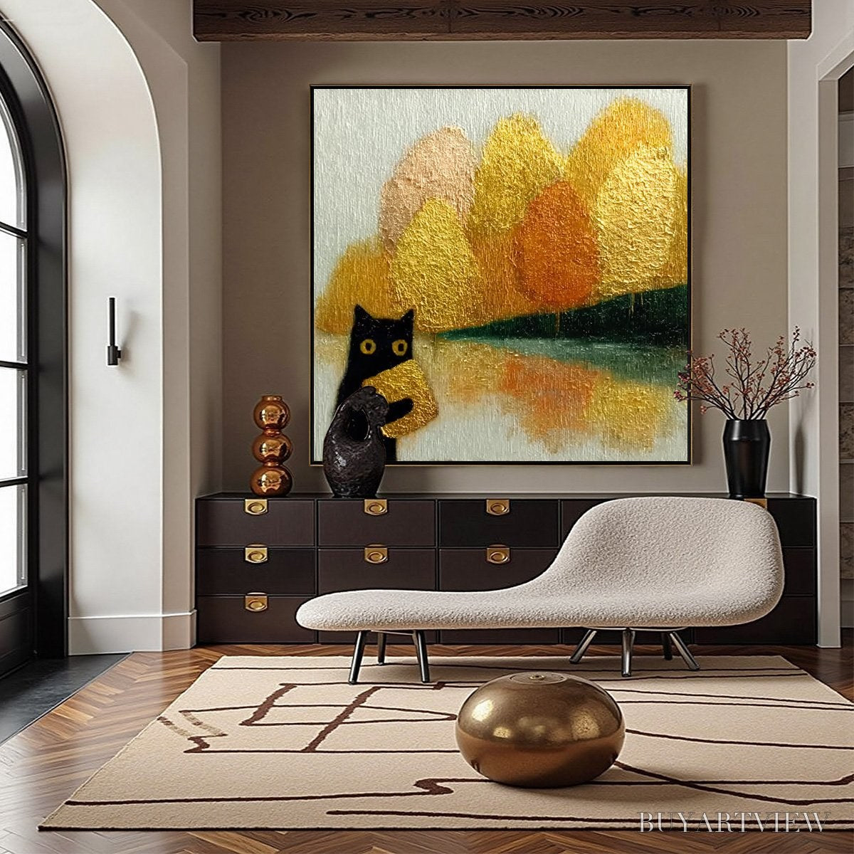 BUYARTVIEW Autumn'S Treasure – Whimsical Textured Gold Leaf Cat Painting - image 2