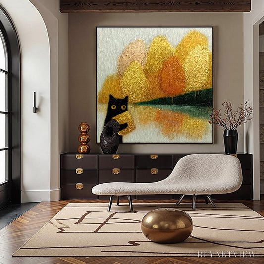 BUYARTVIEW Autumn'S Treasure – Whimsical Textured Gold Leaf Cat Painting - image 2