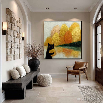 BUYARTVIEW Autumn'S Treasure – Whimsical Textured Gold Leaf Cat Painting - image 4