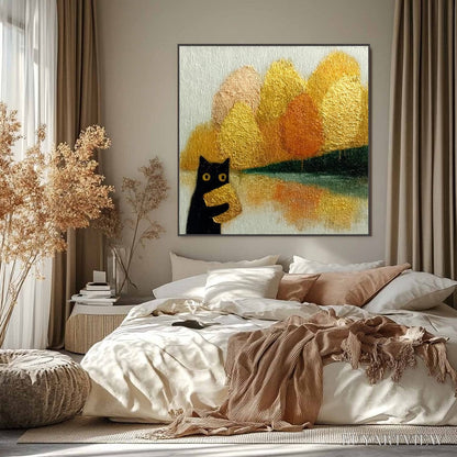 BUYARTVIEW Autumn'S Treasure – Whimsical Textured Gold Leaf Cat Painting - image 6