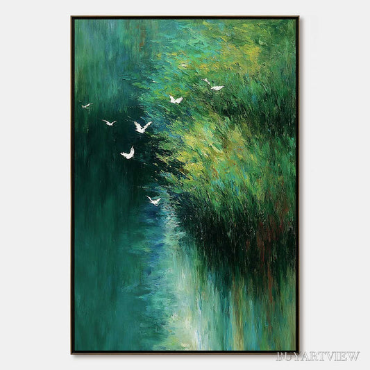 BUYARTVIEW Emerald Flight – Abstract Green Forest & Birds Textured Oil Painting - image 1