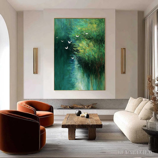 BUYARTVIEW Emerald Flight – Abstract Green Forest & Birds Textured Oil Painting - image 2