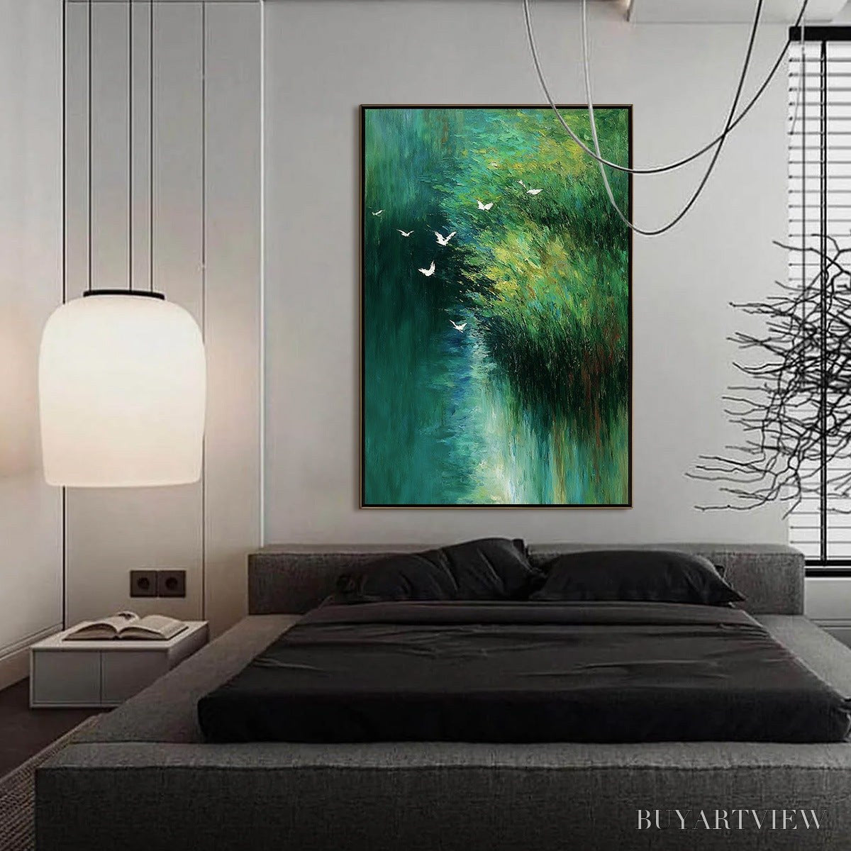 BUYARTVIEW Emerald Flight – Abstract Green Forest & Birds Textured Oil Painting - image 4