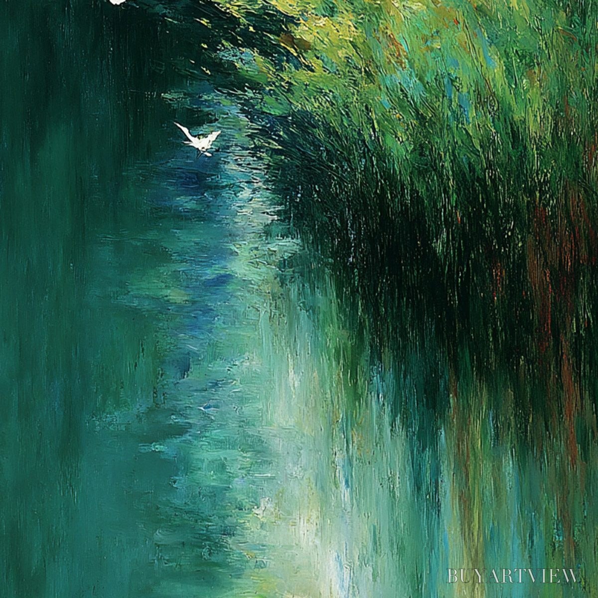 BUYARTVIEW Emerald Flight – Abstract Green Forest & Birds Textured Oil Painting - image 5