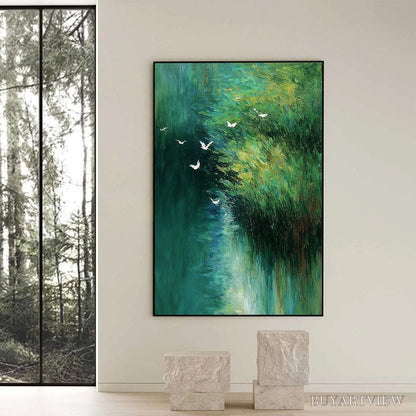 BUYARTVIEW Emerald Flight – Abstract Green Forest & Birds Textured Oil Painting - image 6
