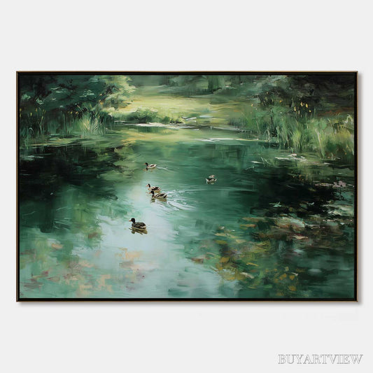 BUYARTVIEW Verdant Drift – Impressionistic Green Pond with Ducks Oil Painting - image 1