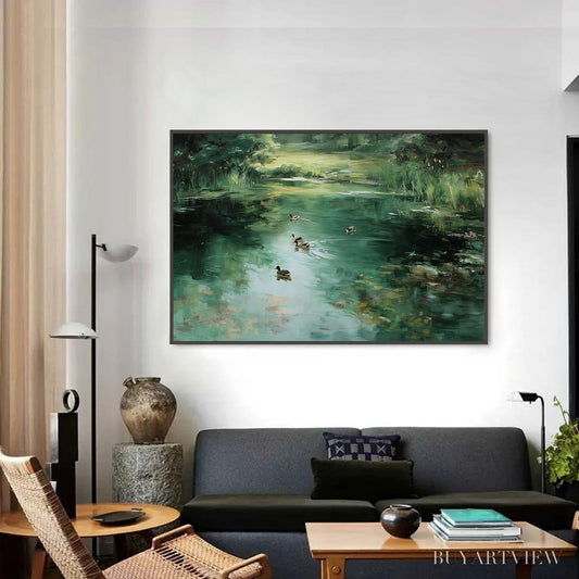 BUYARTVIEW Verdant Drift – Impressionistic Green Pond with Ducks Oil Painting - image 2