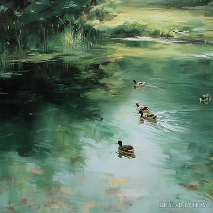 BUYARTVIEW Verdant Drift – Impressionistic Green Pond with Ducks Oil Painting - image 3