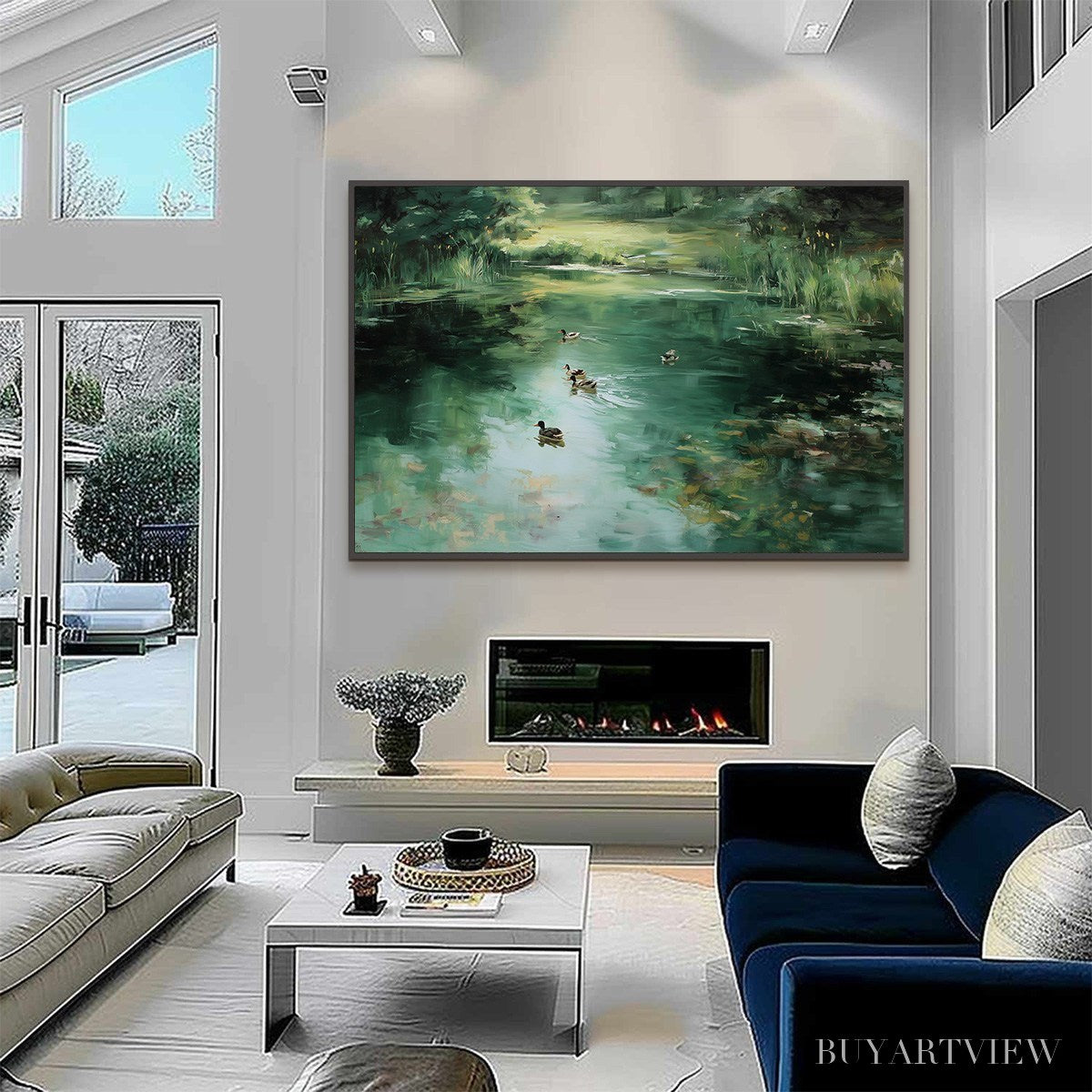 BUYARTVIEW Verdant Drift – Impressionistic Green Pond with Ducks Oil Painting - image 4