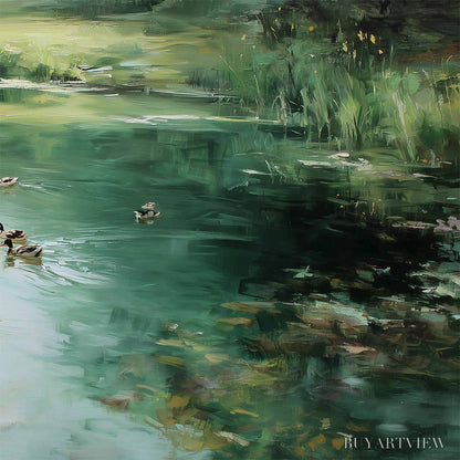 BUYARTVIEW Verdant Drift – Impressionistic Green Pond with Ducks Oil Painting - image 5