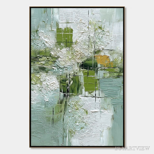 BUYARTVIEW Verdant Grid – Textured Green and White Wabi Sabi Abstract Painting - image 1