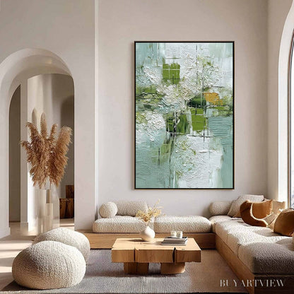 BUYARTVIEW Verdant Grid – Textured Green and White Wabi Sabi Abstract Painting - image 4
